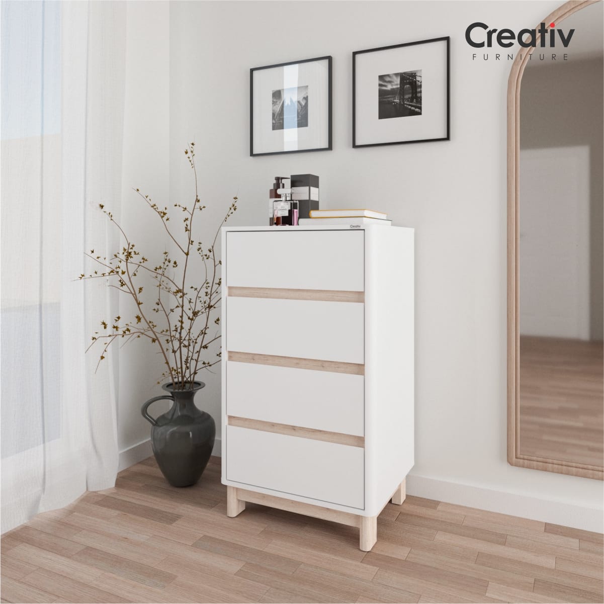 DACIA LL 60 merupakan lemari laci minimalis yang dilengkapi empat (4) laci dengan pintu handleless. Tampilan Dacia isitimewa dengan rounded corner pada sisinya.